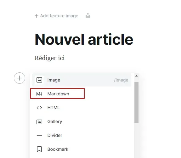 Screenshot of the add function box in the Ghost CMS text editor