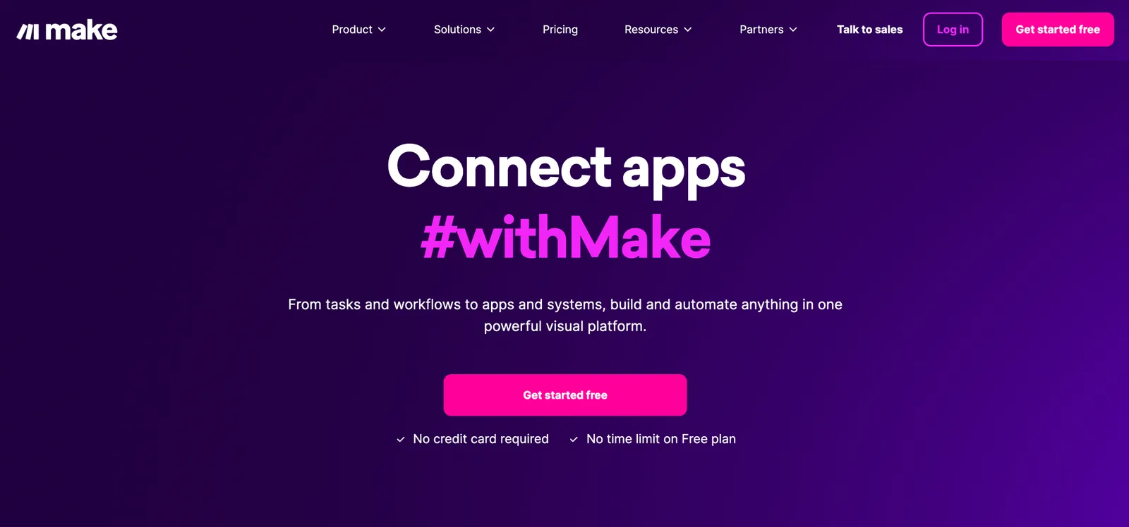 Homepage of Make.com, the automation tool that connects applications